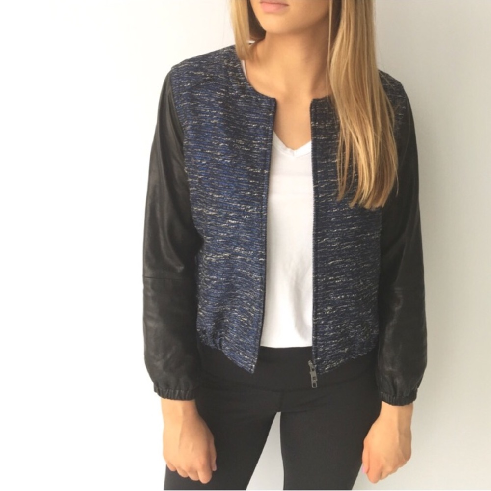 Madewell Metallic Blue Tweed Leather Sleeve Jacket
